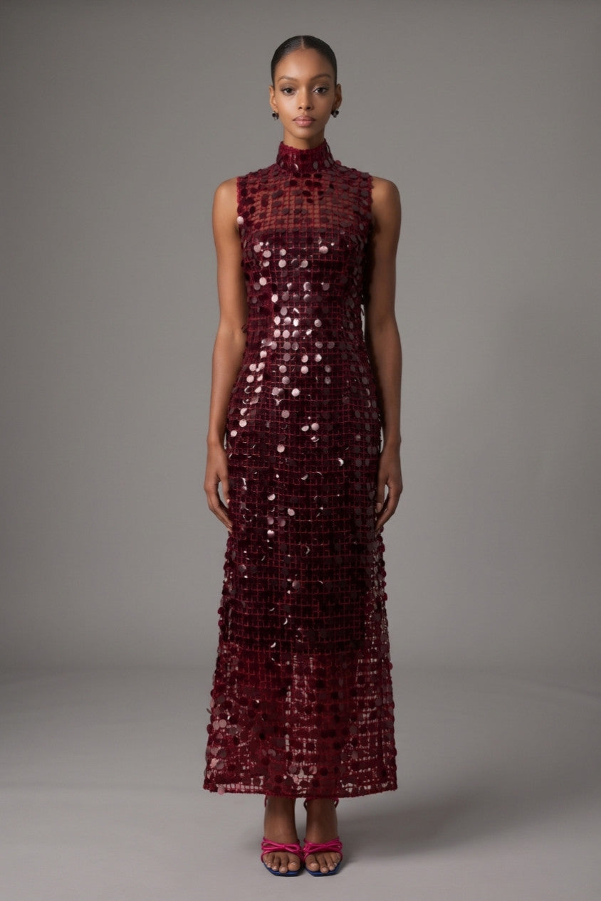 Burgundy Sequin High Neck Maxi Dress R2512HB014