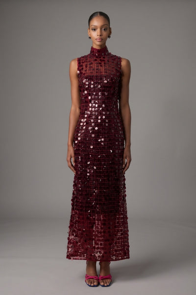 Red - Burgundy Sequin High Neck Maxi Dress by Skye&Iris