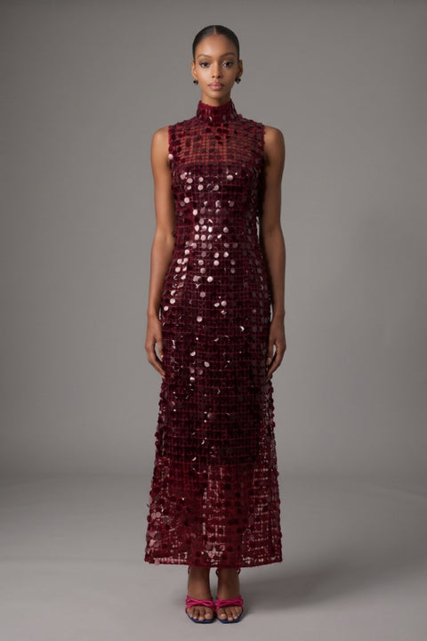 Burgundy Sequin High Neck Maxi Dress by Skye&Iris