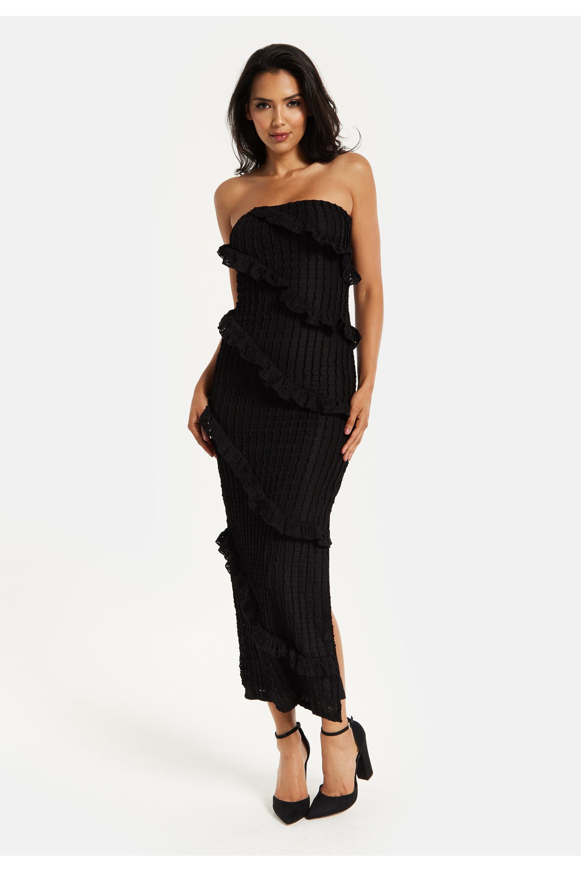 Diagonal Frilled Slit Detail Jersey Dress In Black MYL001