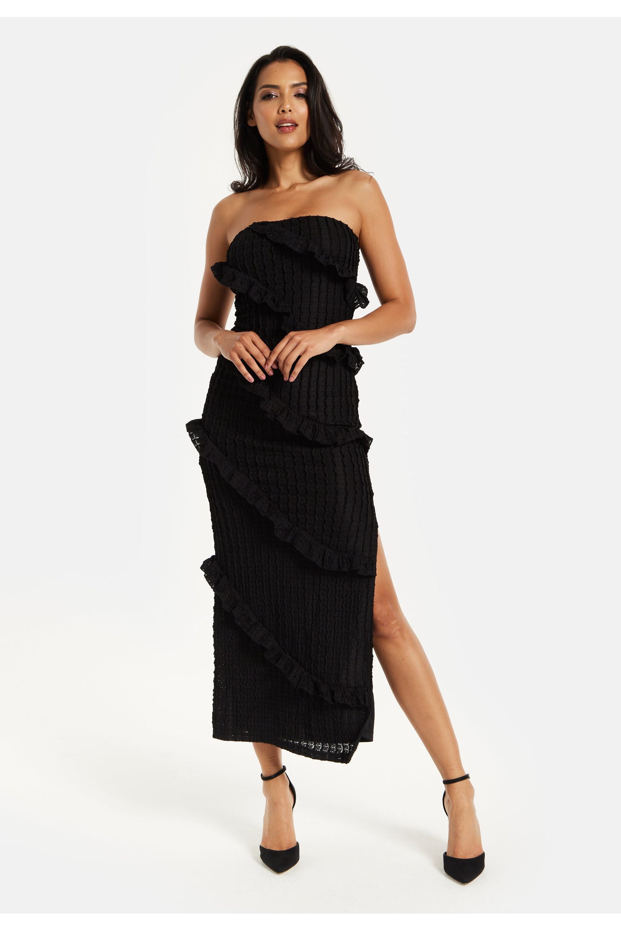 Diagonal Frilled Slit Detail Jersey Dress In Black MYL001