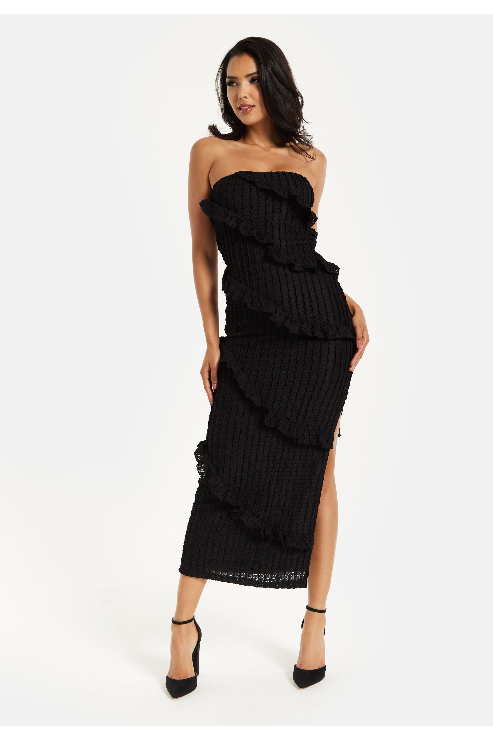 Diagonal Frilled Slit Detail Jersey Dress In Black MYL001