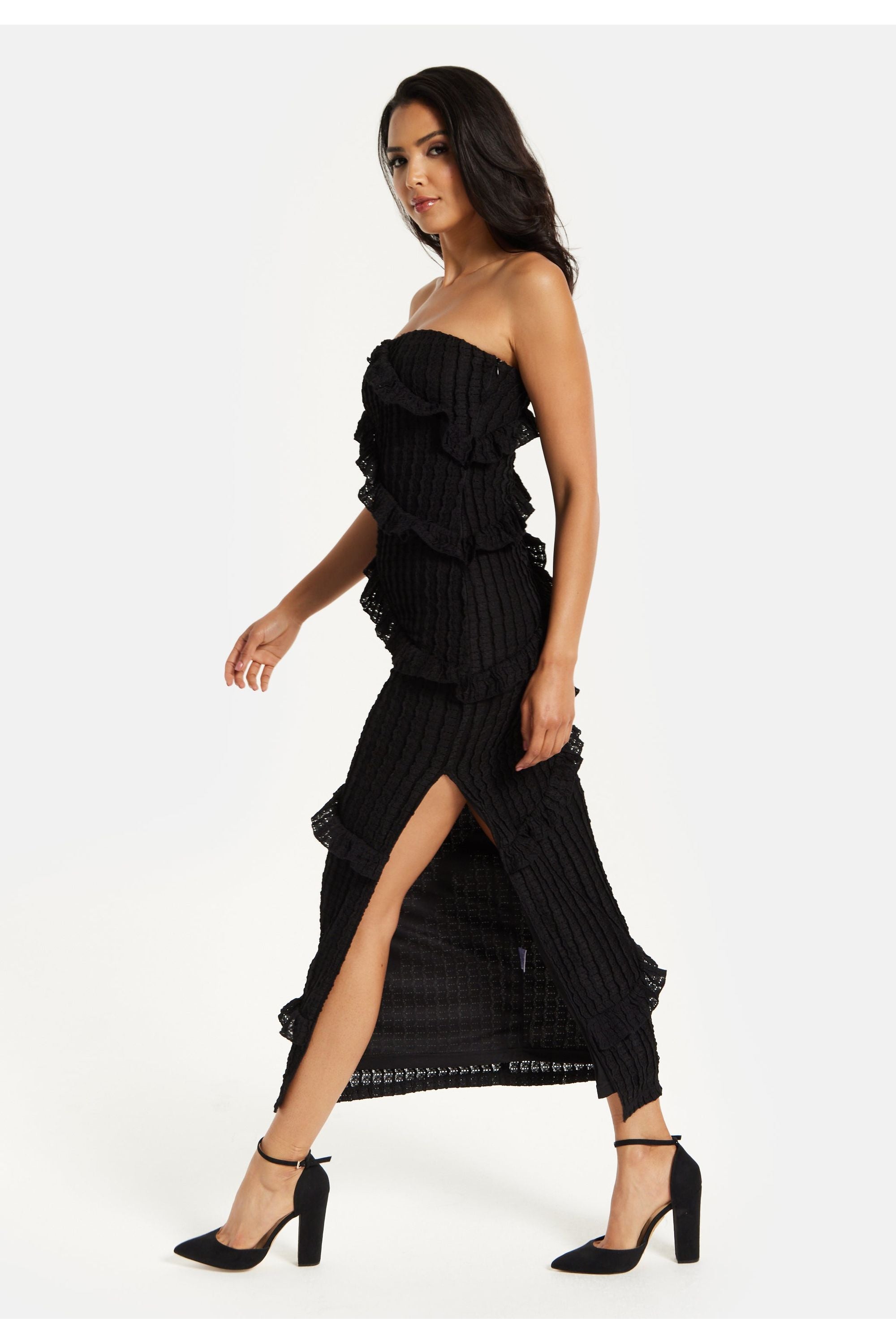 Diagonal Frilled Slit Detail Jersey Dress In Black MYL001