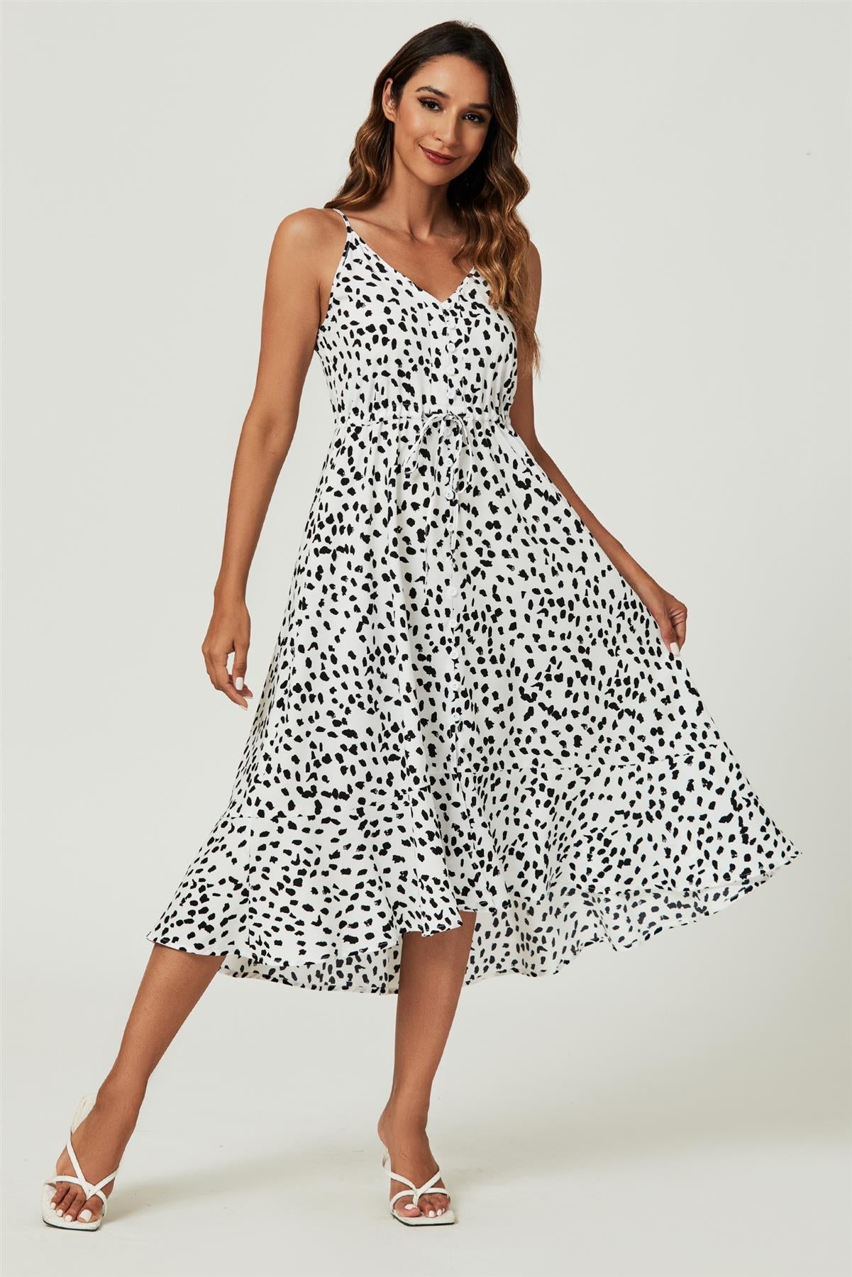 Button Down High Low Strappy Dress In White FS238-WhiteLeopard