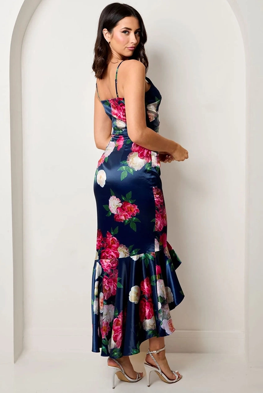 Sleeveless Floral Print Ruffle Hem Midi Dress In Navy 1630BNB