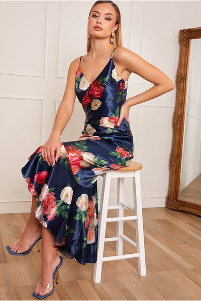 Navy - Petite Sleeveless Floral Print Ruffle Hem Midi Dress In Navy by Chi Chi London