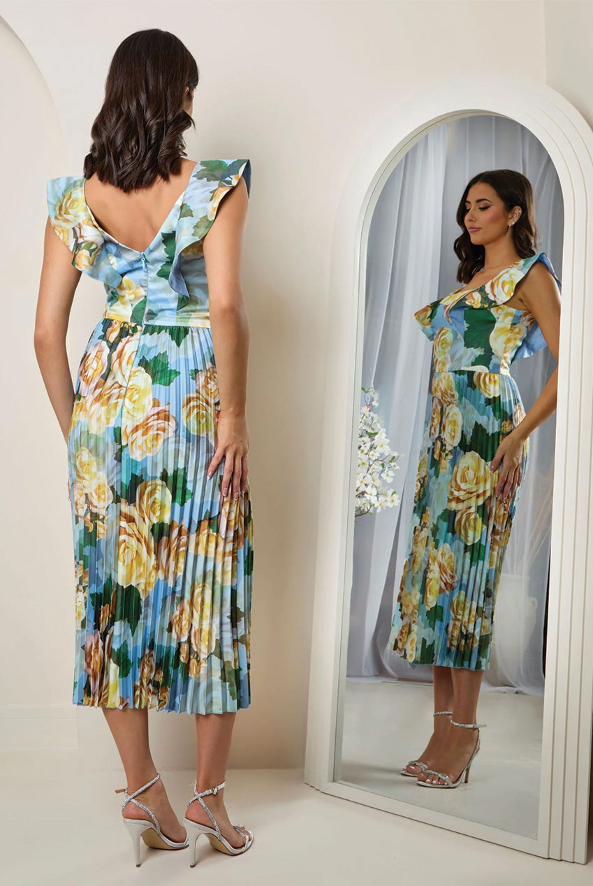 Floral Print Ruffle Pleated Midi Dress In Blue 1643BL