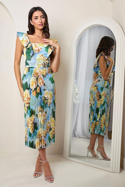 Blue - Floral Print Ruffle Pleated Midi Dress In Blue by Chi Chi London