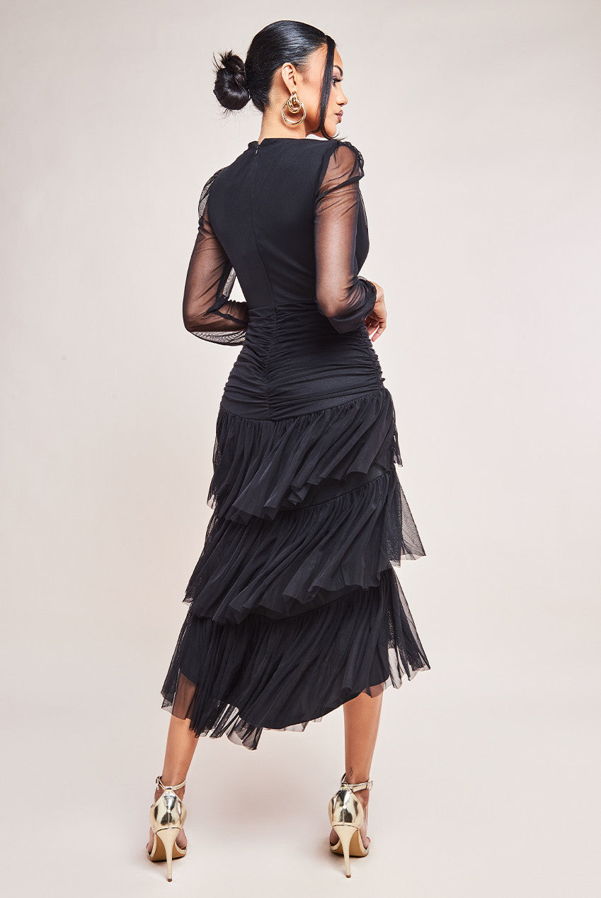 Gathered High & Low Tiered Midaxi Dress - Black DR4262QZ