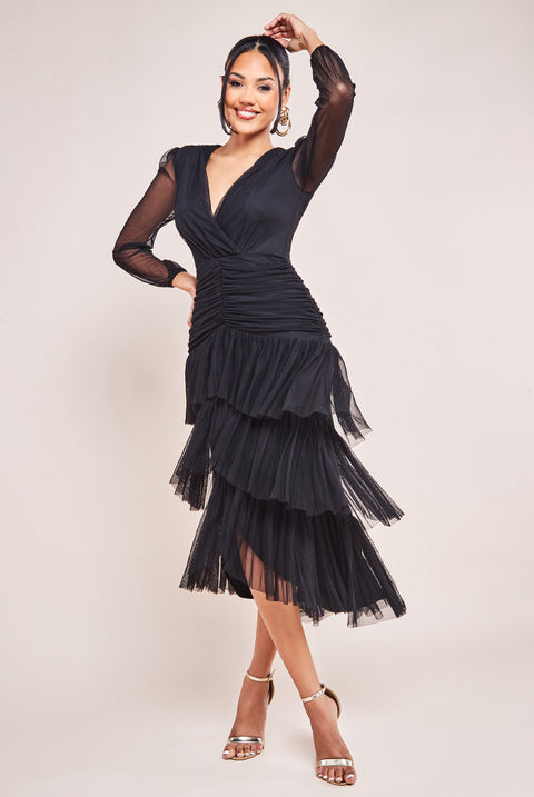 Gathered High & Low Tiered Midaxi Dress - Black DR4262QZ