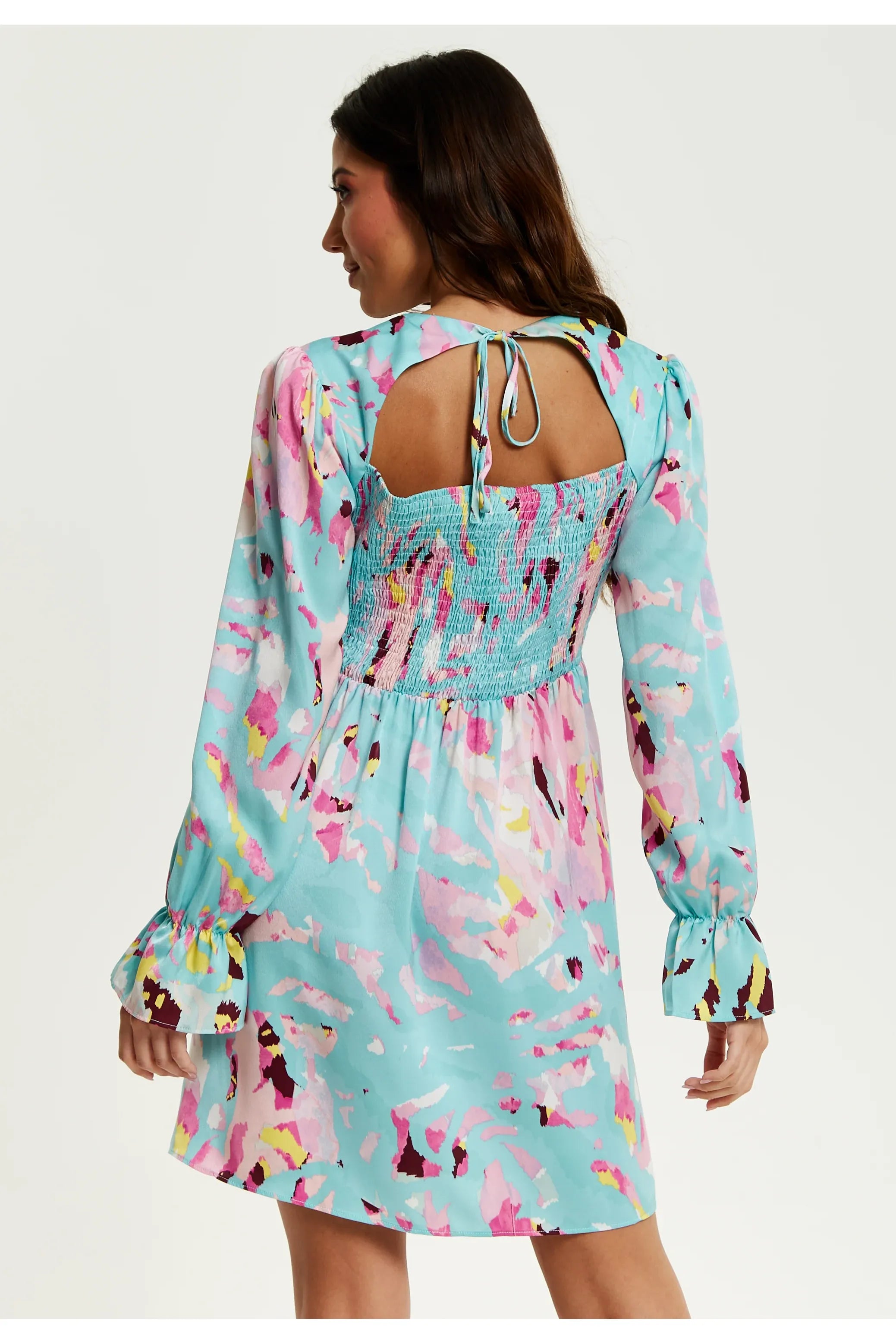 Blue Abstract Print Mini Dress With Open Back And Long Sleeves 269-LIQ23SS116