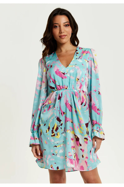 Blue - Blue Abstract Print Mini Dress With Open Back And Long Sleeves by Liquorish
