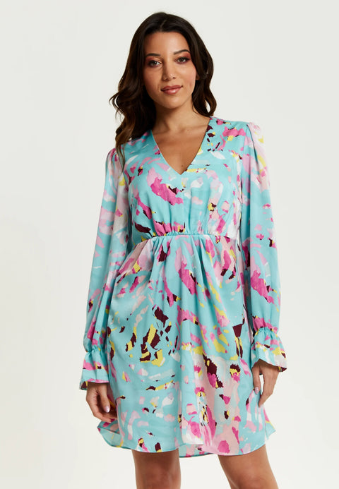 Blue Abstract Print Mini Dress With Open Back And Long Sleeves by Liquorish