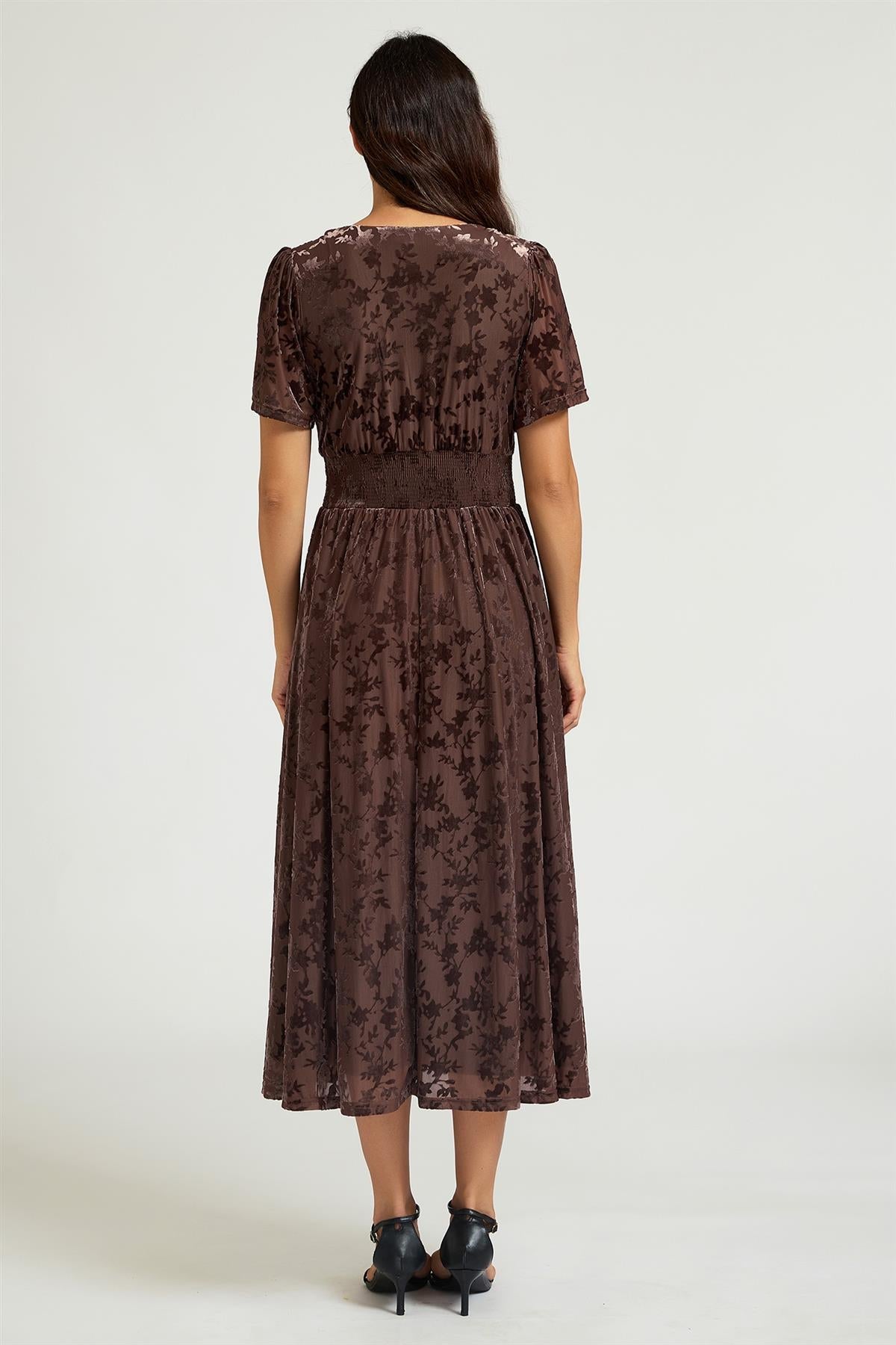 Brown Velvet Burnout V-Neck Angel Sleeve Midi Dress FS955