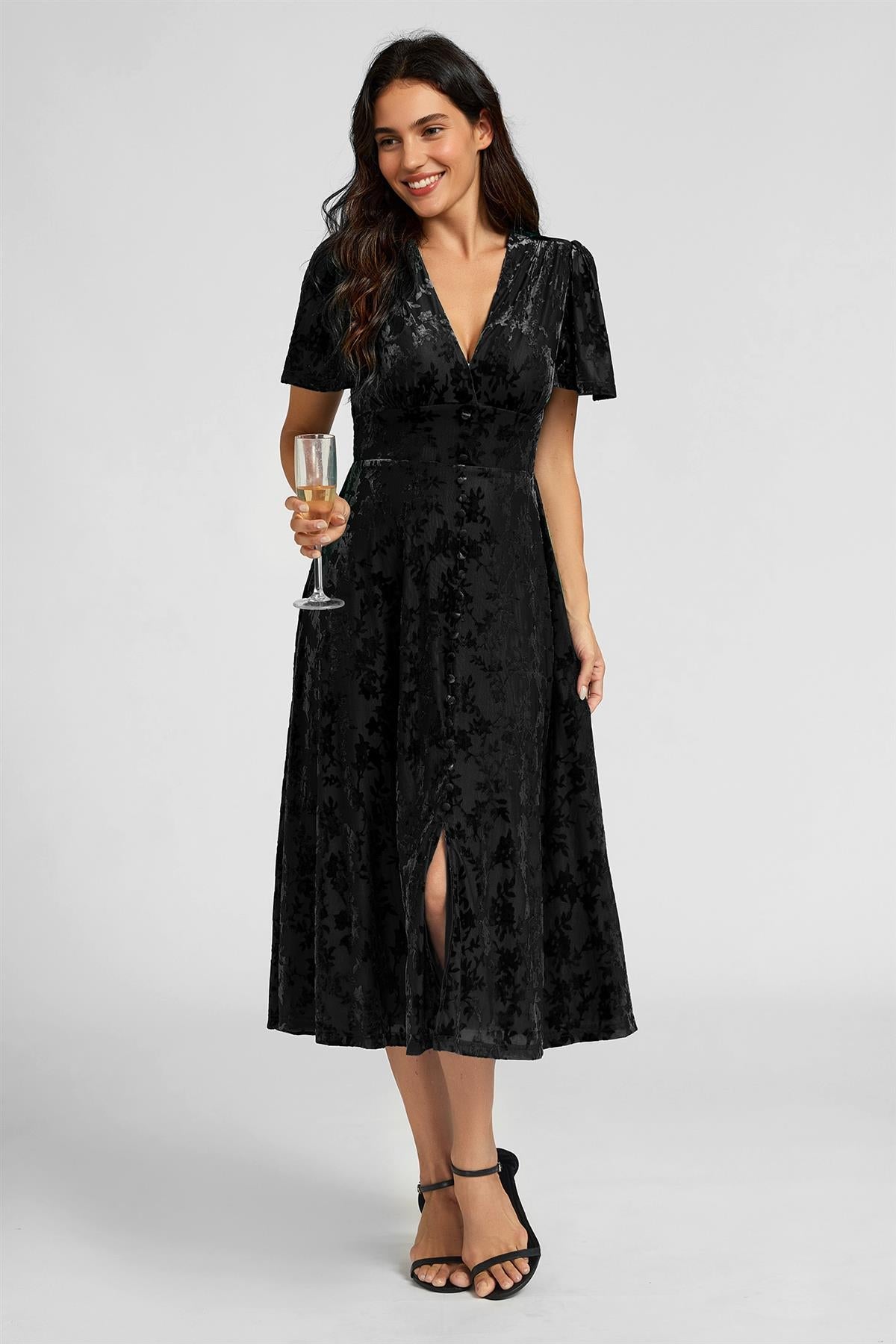 Floral Velvet Devore V Neckline Dress In Black FS909