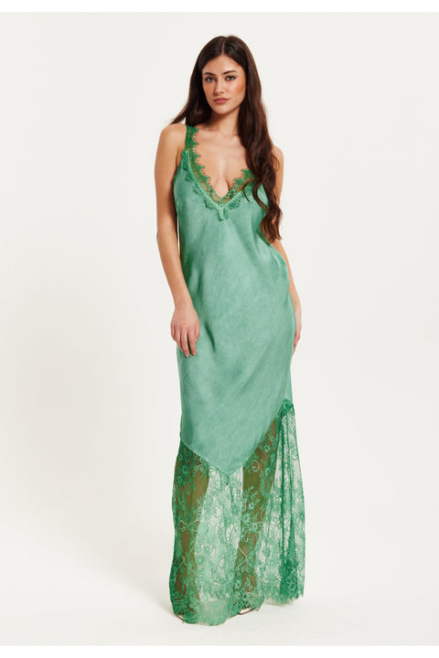 Lace Detailed V Neck Maxi Dress In Dark Green by Liquorish