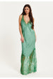 Liquorish Lace Detailed V Neck Maxi Dress In Dark Green