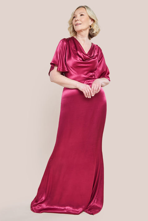 Satin Viscose Cowl Neck Maxi With Train - Burgundy DR3857M