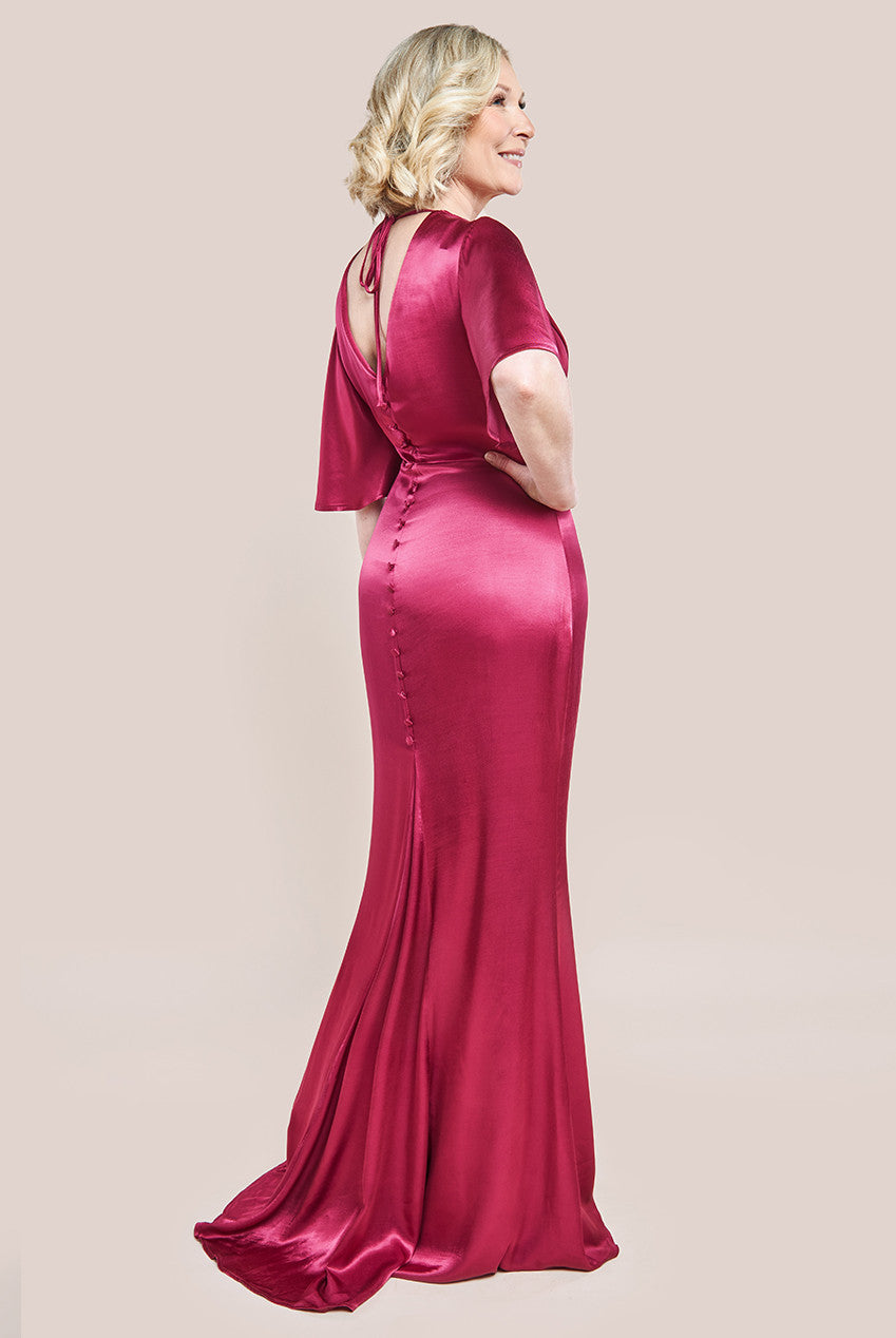 Satin Viscose Cowl Neck Maxi With Train - Burgundy DR3857M