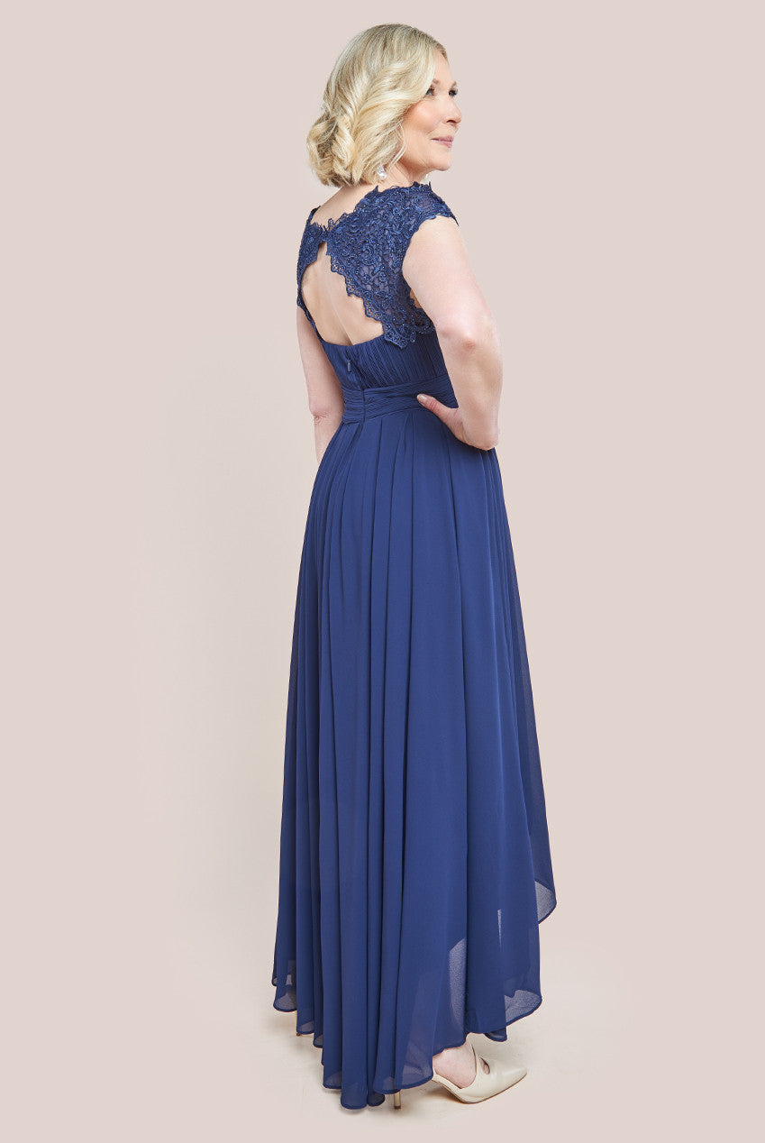 Crochet & Pleated Top High Low Maxi Dress - Navy DR3820M