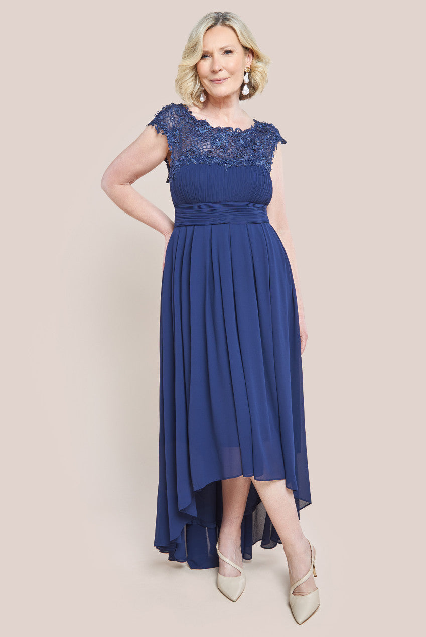 Crochet & Pleated Top High Low Maxi Dress - Navy DR3820M