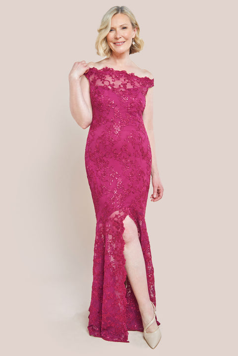 Lace Scallop Edge Mermaid Maxi Dress - Burgundy DR3890M