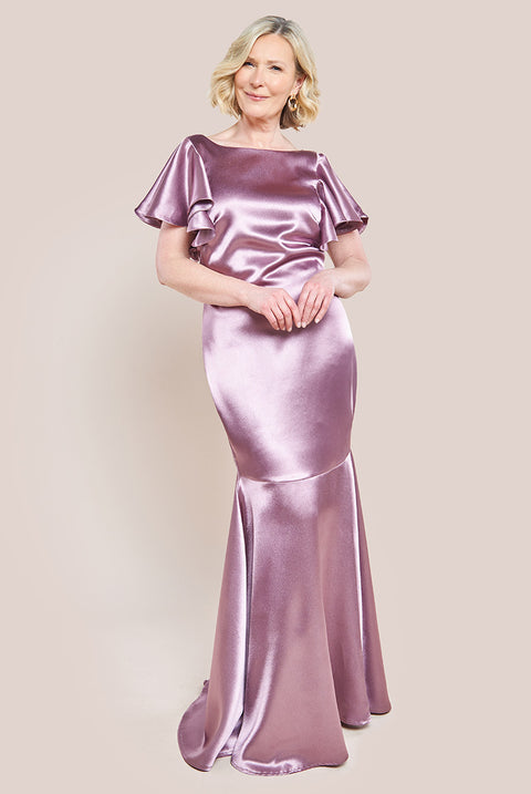 Satin Flutter Sleeve Mermaid Maxi Dress - Rose Pink DR3954M