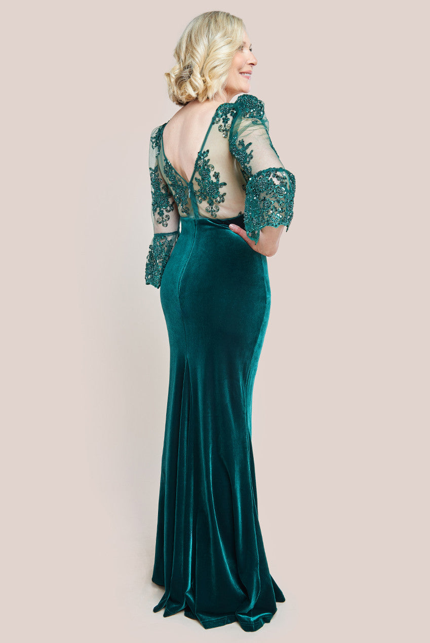 Scalloped Lace & Velvet Maxi Dress - Emerald Green DR3972M