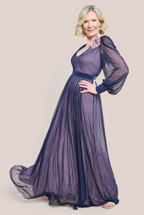 Corsage V-Neck Dobby Mesh Maxi Dress - Blue DR4001M