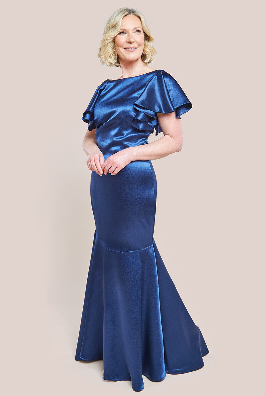 Satin Flutter Sleeve Mermaid Maxi Dress - Navy DR3954M