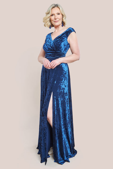 Ice Velvet Bardot Wrap Maxi Dress - Navy DR4029M