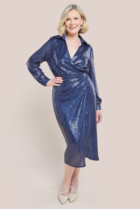 Sequin Front Split Shirt Dress - Navy DR4034M