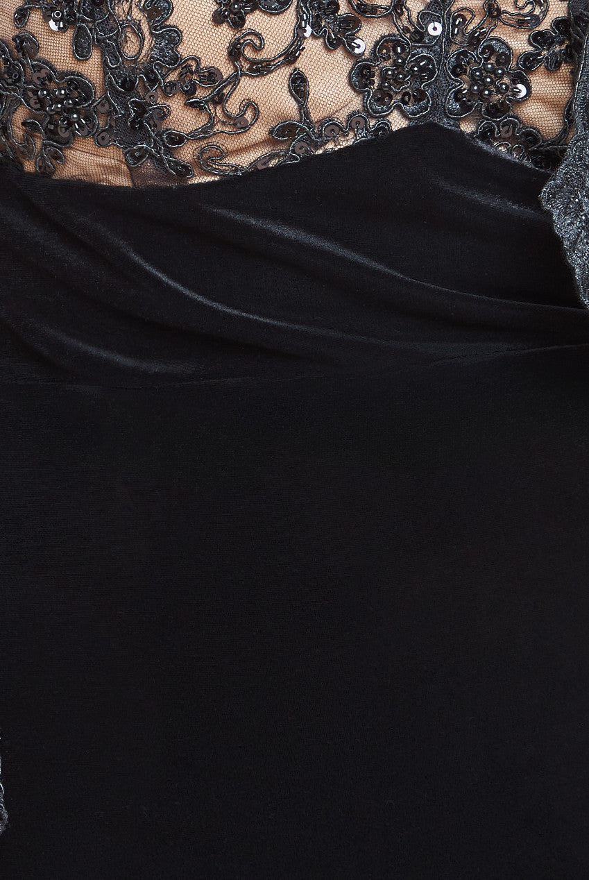 Scalloped Lace & Velvet Midi Dress - Black DR4112M