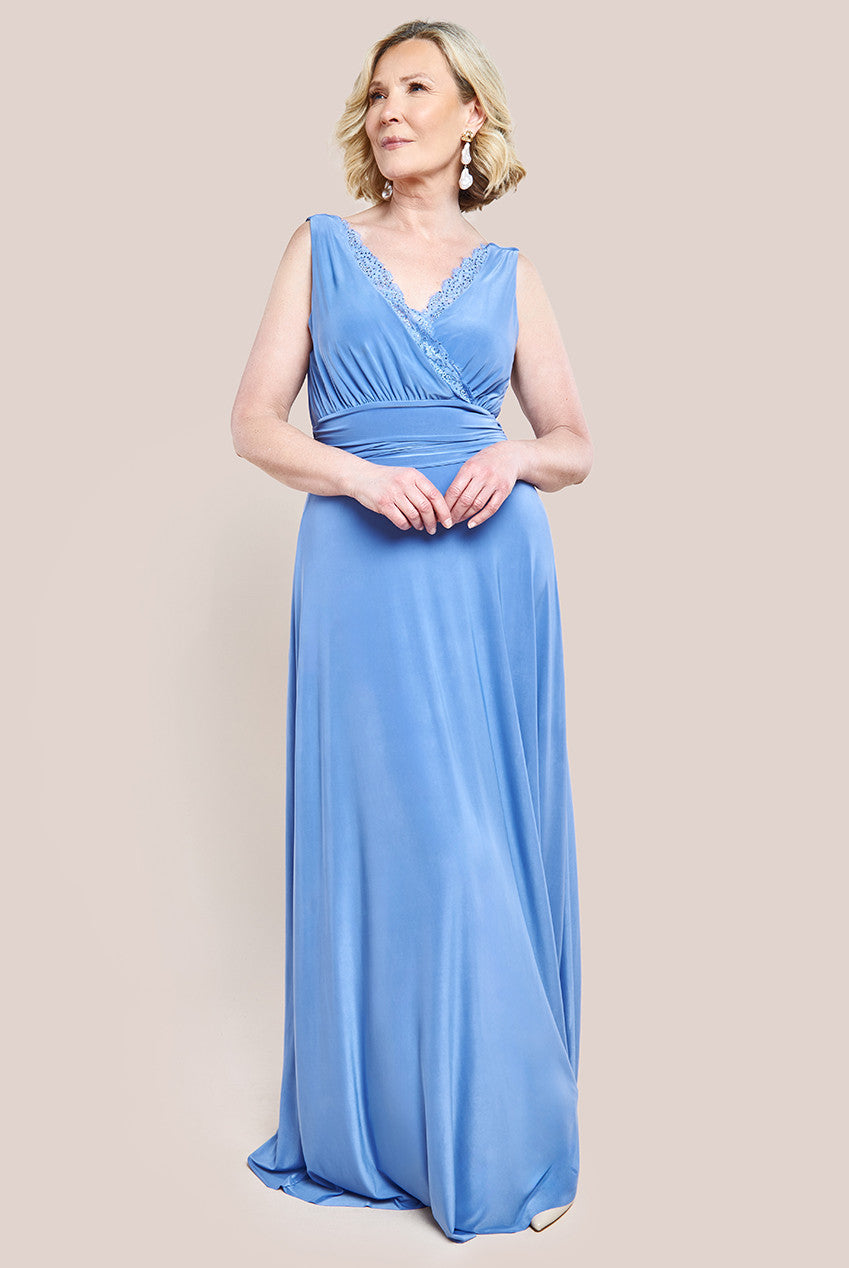 Diamante & Scalloped Lace Neck Maxi Dress - Corn Flower Blue DR4120M