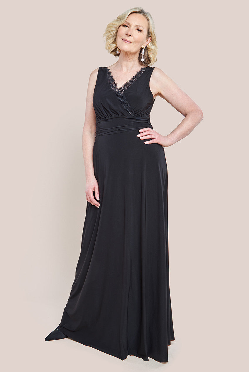 Diamante & Scalloped Lace Neck Maxi Dress - Black DR4120M