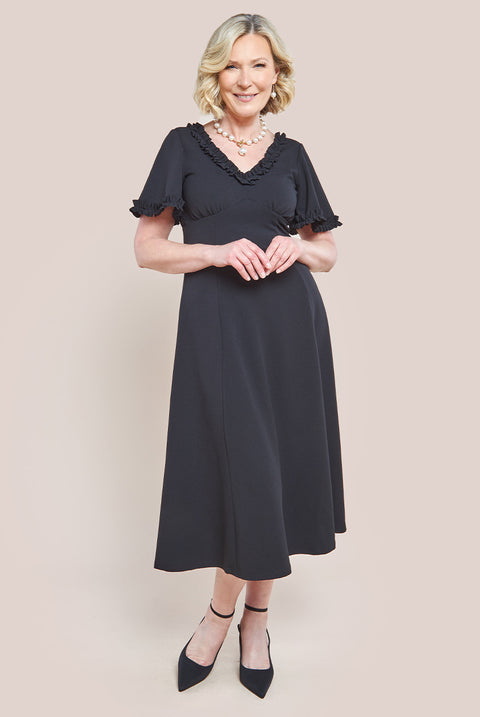 Flare Sleeve Frill Edge Midi Dress - Black DR4313M