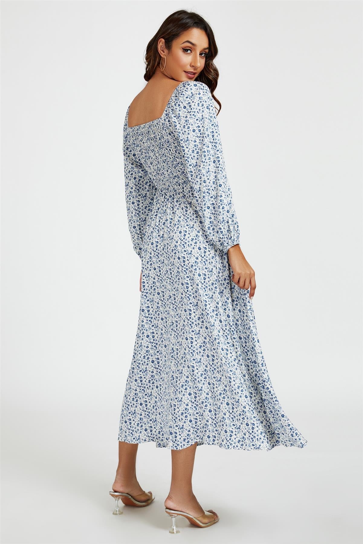 Floral Print Square Neck Maxi Dress In Light Blue FS794-LBLF