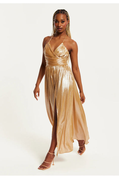 Strapless Gold Foil Printed Jersey Maxi Dress LIQPARTY009