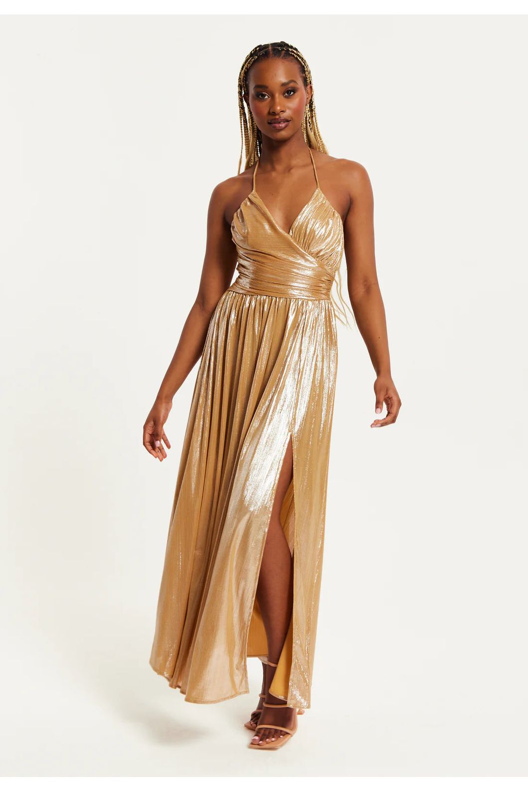 Strapless Gold Foil Printed Jersey Maxi Dress LIQPARTY009