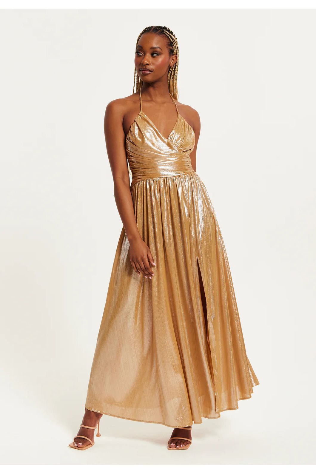 Strapless Gold Foil Printed Jersey Maxi Dress LIQPARTY009