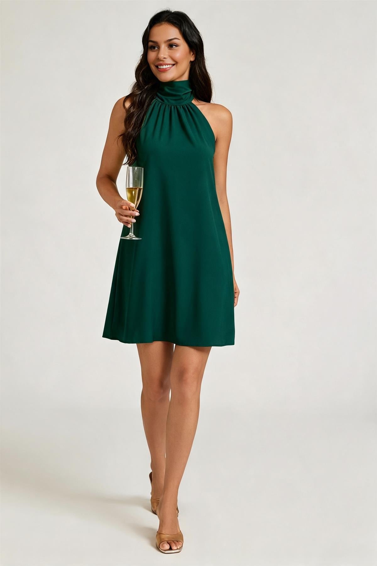 Halter Neck Tie Back Mini Dress In Forest Green FS455NEW