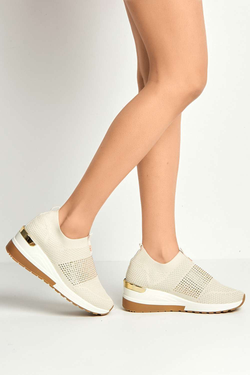 Ember Diamante Embellished Slip On Trainers In Beige CEDAR2-BEI
