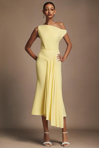 Paulina Oblique Shoulder Sleeveless Folds Yellow Midi Dress by Bella Barnett