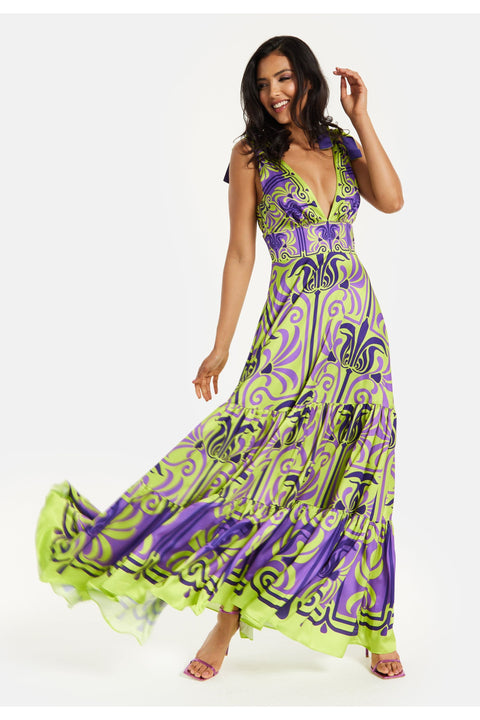 Printed Deep V Neck Maxi Dress ELF012