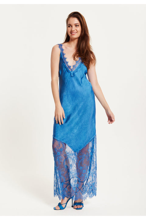 Lace Detailed V Neck Maxi Dress In Blue by Liquorish