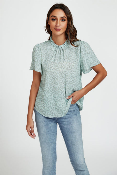 Grey Little Floral Print Angle Sleeve High Neck Top Blouse In Blue by FS Collection