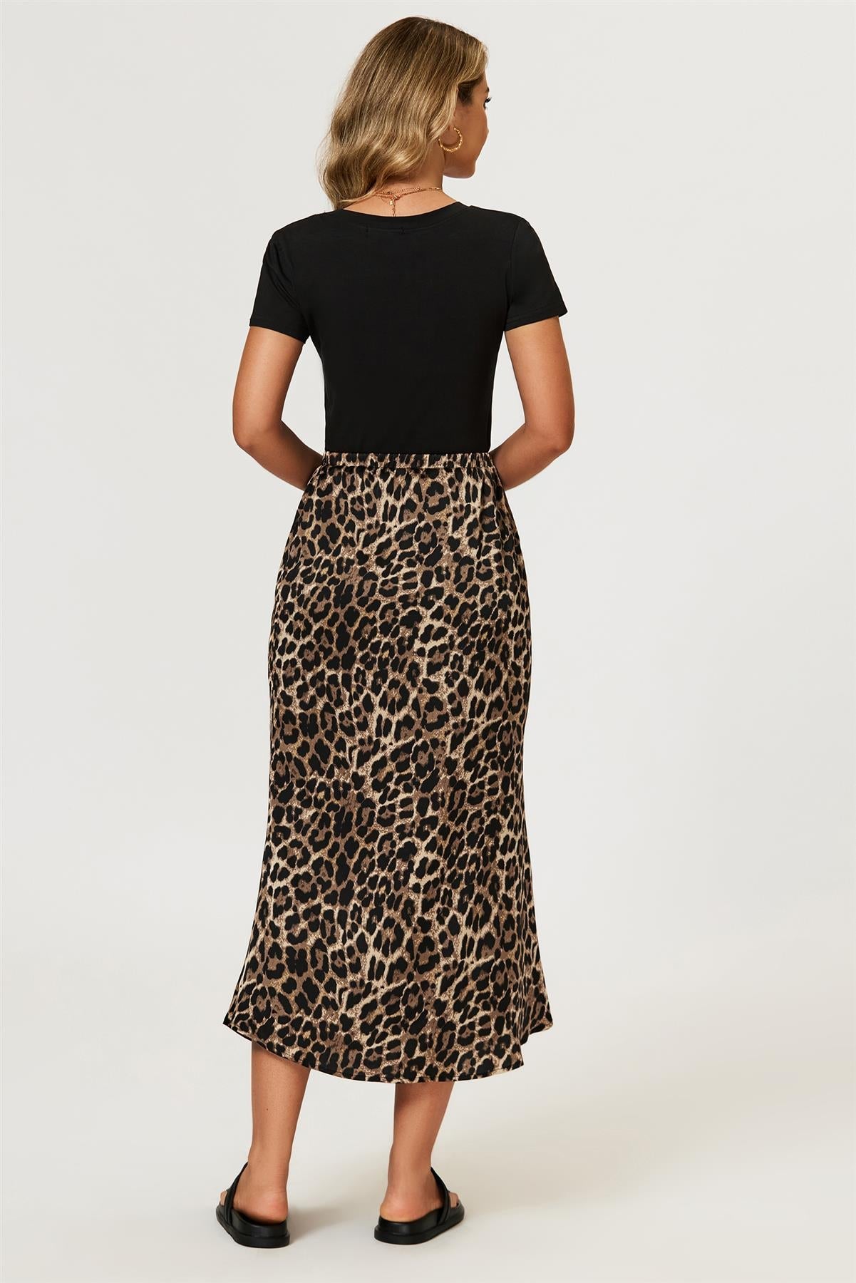 Leopard Print Satin Midi Skirt In Brown FS879-Leopard