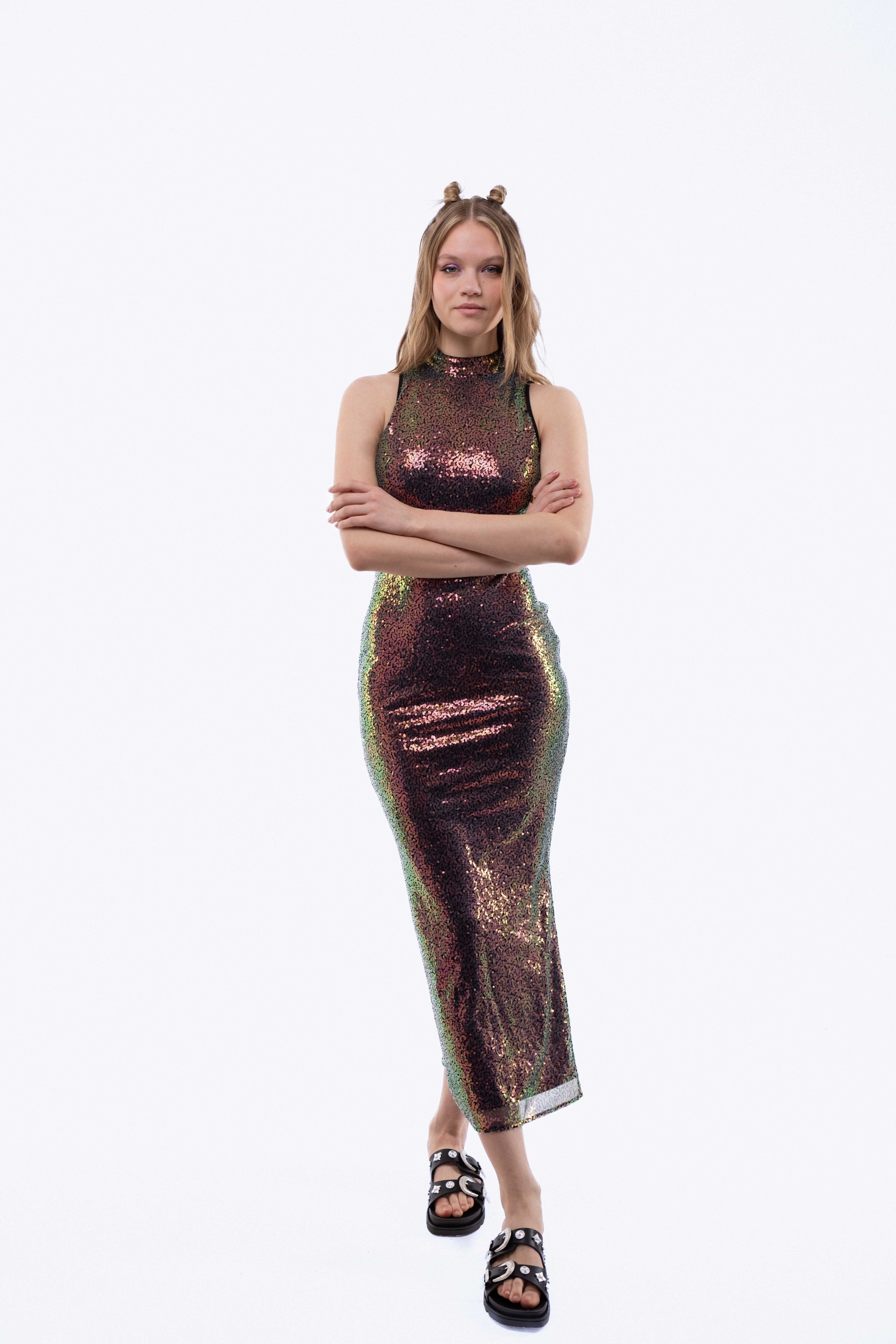 High Neck Sequin Midi Dress 8699