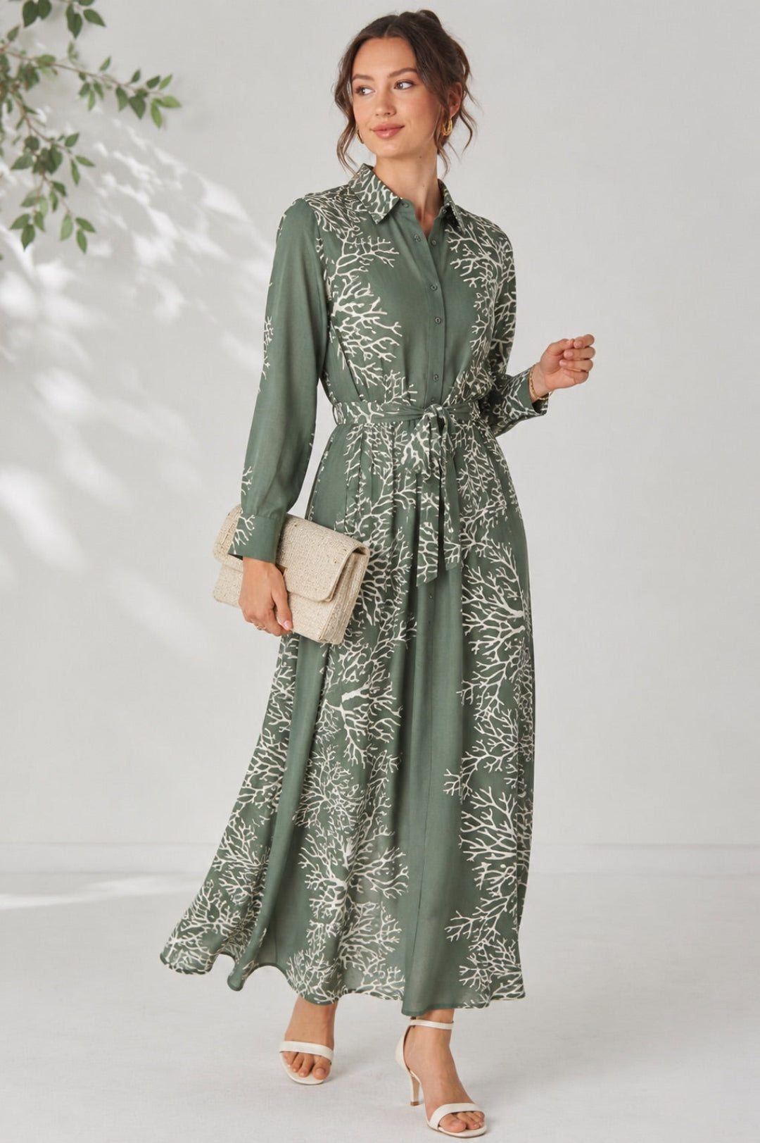 Sage Coral Print Belted Maxi Shirt Dress LS-2430LL-GM7