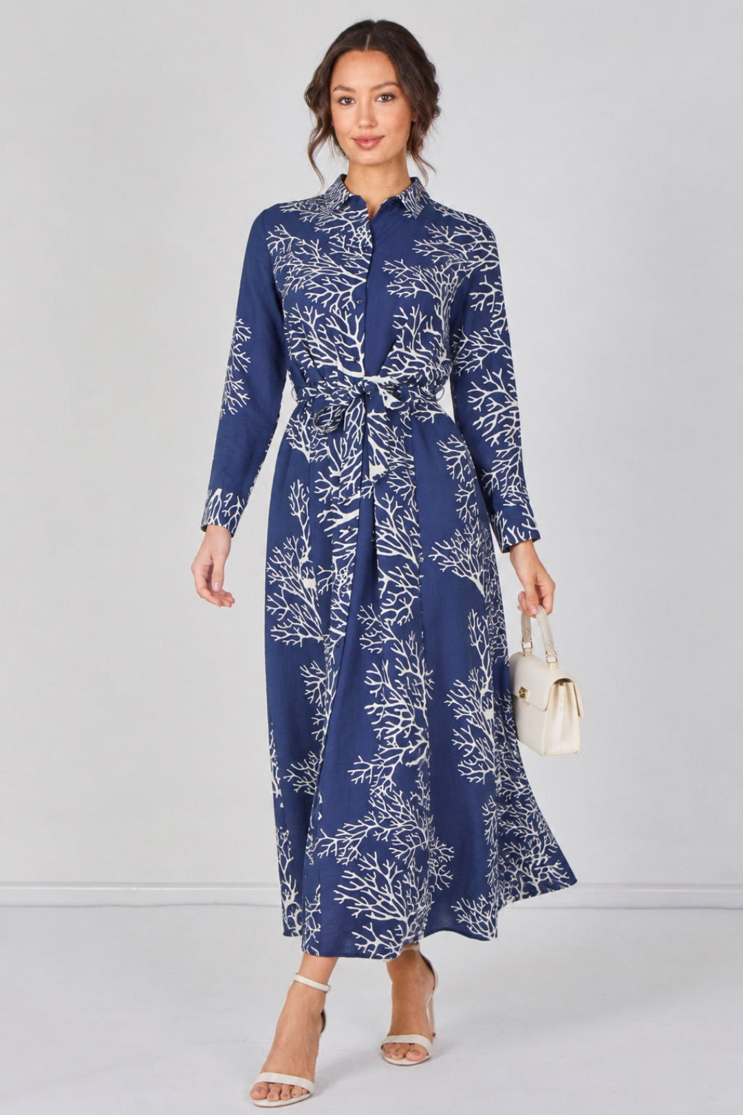Navy Coral Print Belted Maxi Shirt Dress LS-2430LL-GM8